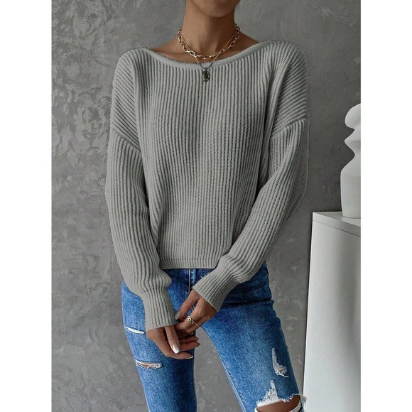 Minimalist Twist Back Drop Shoulder Boat Neck Sweater backless - Picture 7 of 11